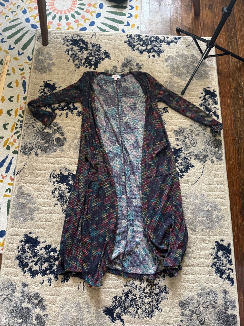 LuLaRoe Long Open-Front Cardigan - Black with Red, Green & Blue Dot Pattern